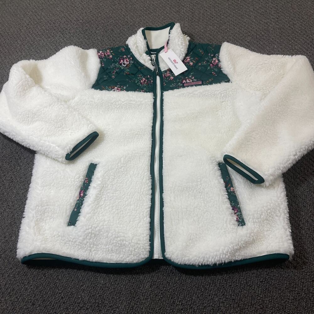 Vineyard Vines White Sherpa Jacket with Green Floral Trim